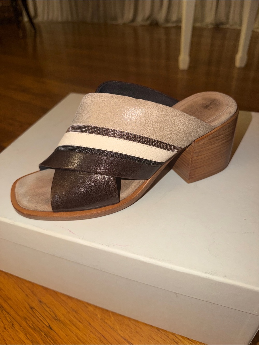 Brunello Cucinelli Brown, Cream & Tan Leather Block Heel Mule